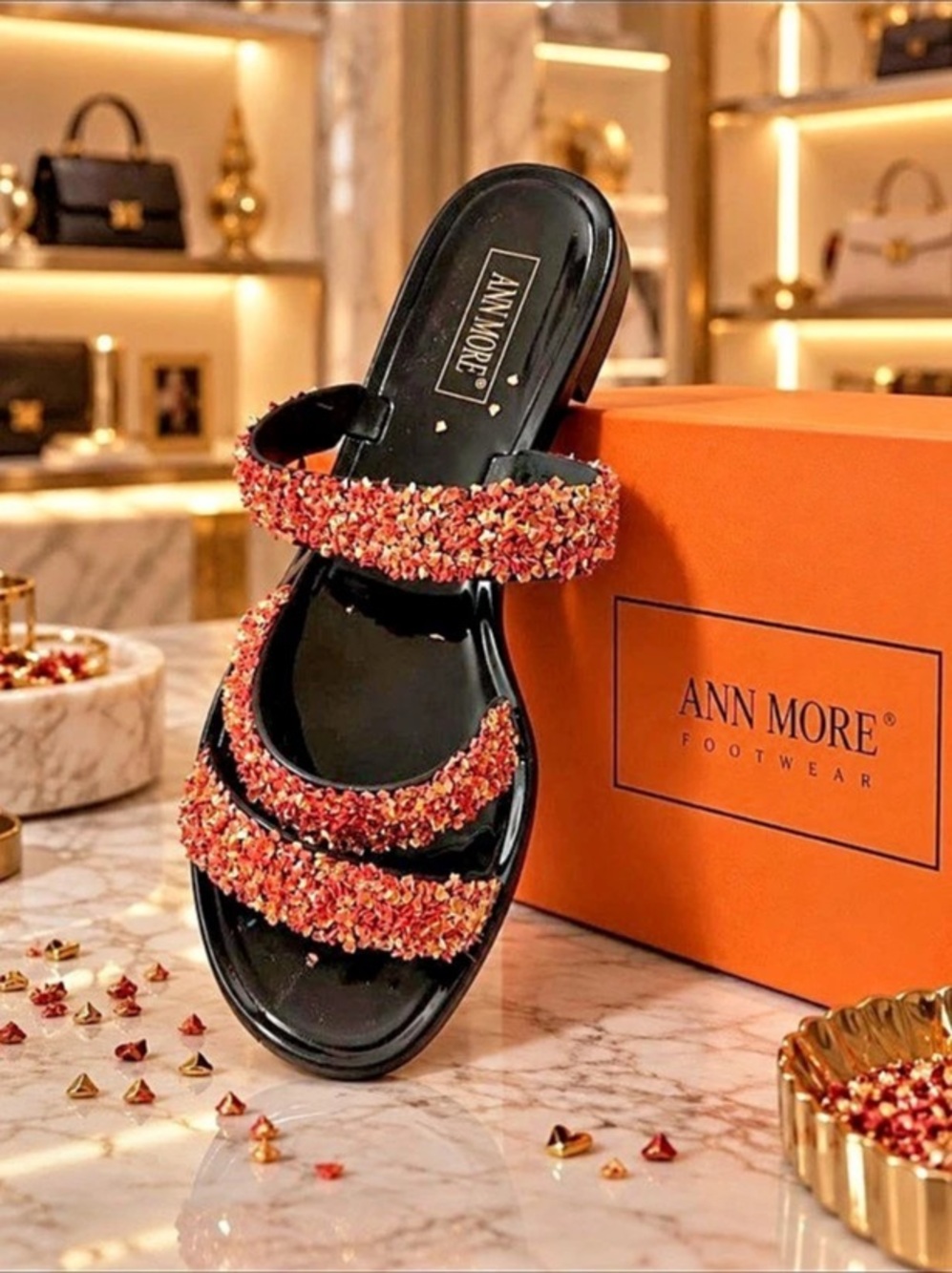 ANN MORE Embellished Sandals Black & Orange US 10